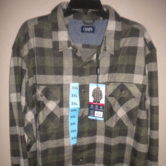 CHAPS Men's Size 3XL Knit Button Up Stretch Green Plaid Flannel Shirt NWT - Picture 2 of 5